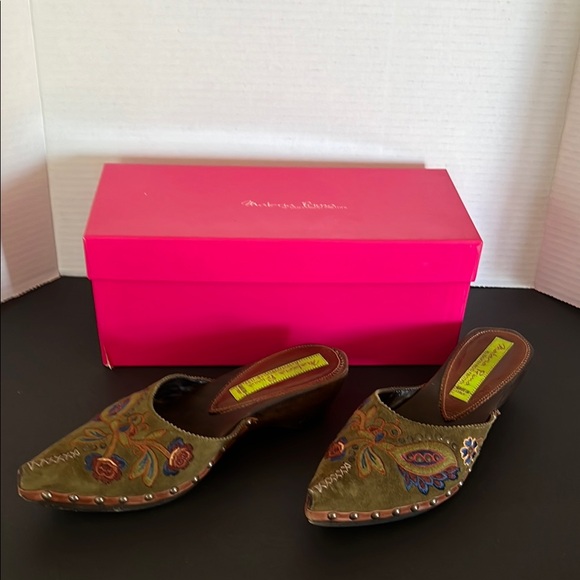 Green Perforated Slip-On Mules with Raised Heel - Picture 1 of 4